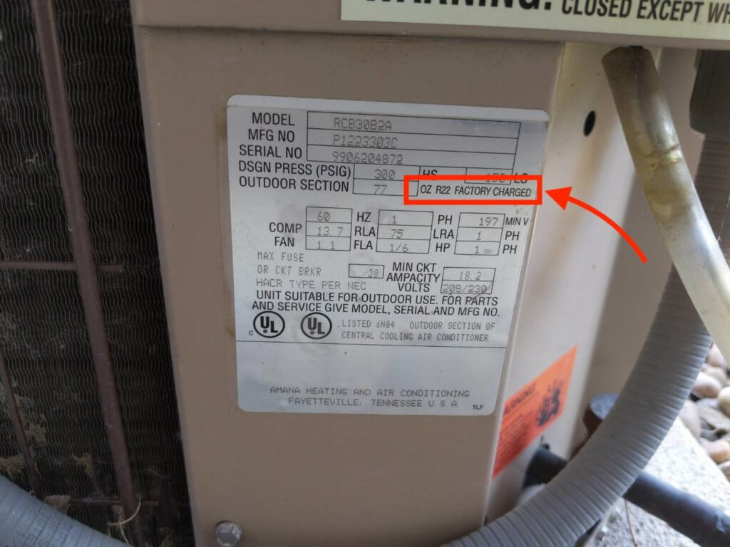 R22 Refrigerant on the tag