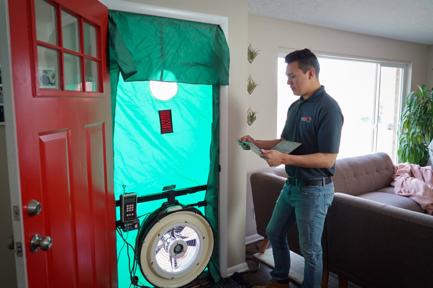 A technician conducting a blower door test.