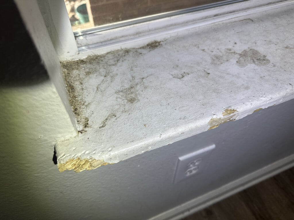 Window sill damage documented during a rental property inspection, illustrating how inspections support fair handling of security deposits in Colorado