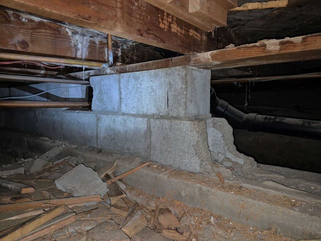 Crawlspace view showing inadequate floor support and joists that can lead to squeaky floors and uneven flooring.