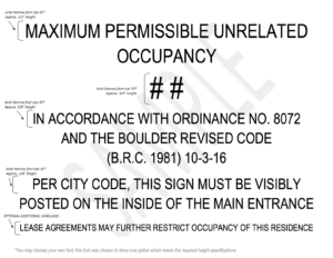 Occupancy Sign example, one of Boulder's Rental License Requirements.